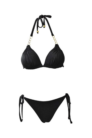 Two-piece swimsuit in black with gold jewelry