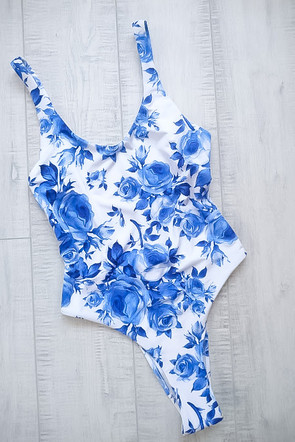One Piece Swimsuit Blue Roses